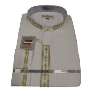 MEN'S DANIEL ELLISSA WHITE W/GOLD EMBROIDERY BANDED COLLAR DRESS SHIRT. DS2005C.